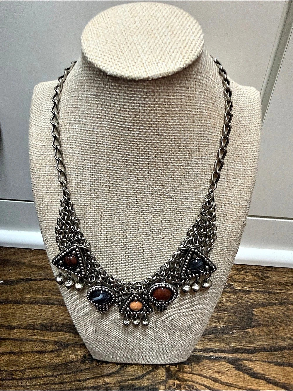 Statement Pendant Necklace in Silver & Brown